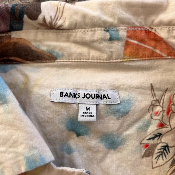 Banks Journal Shirt Men Medium Beige Hawaiian Aloha Camp Collar Surf - Picture 2 of 4